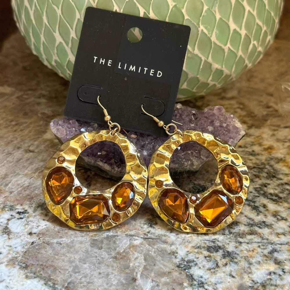 Gold Hammered Brown Gemstone Earrings - Picture 2 of 6